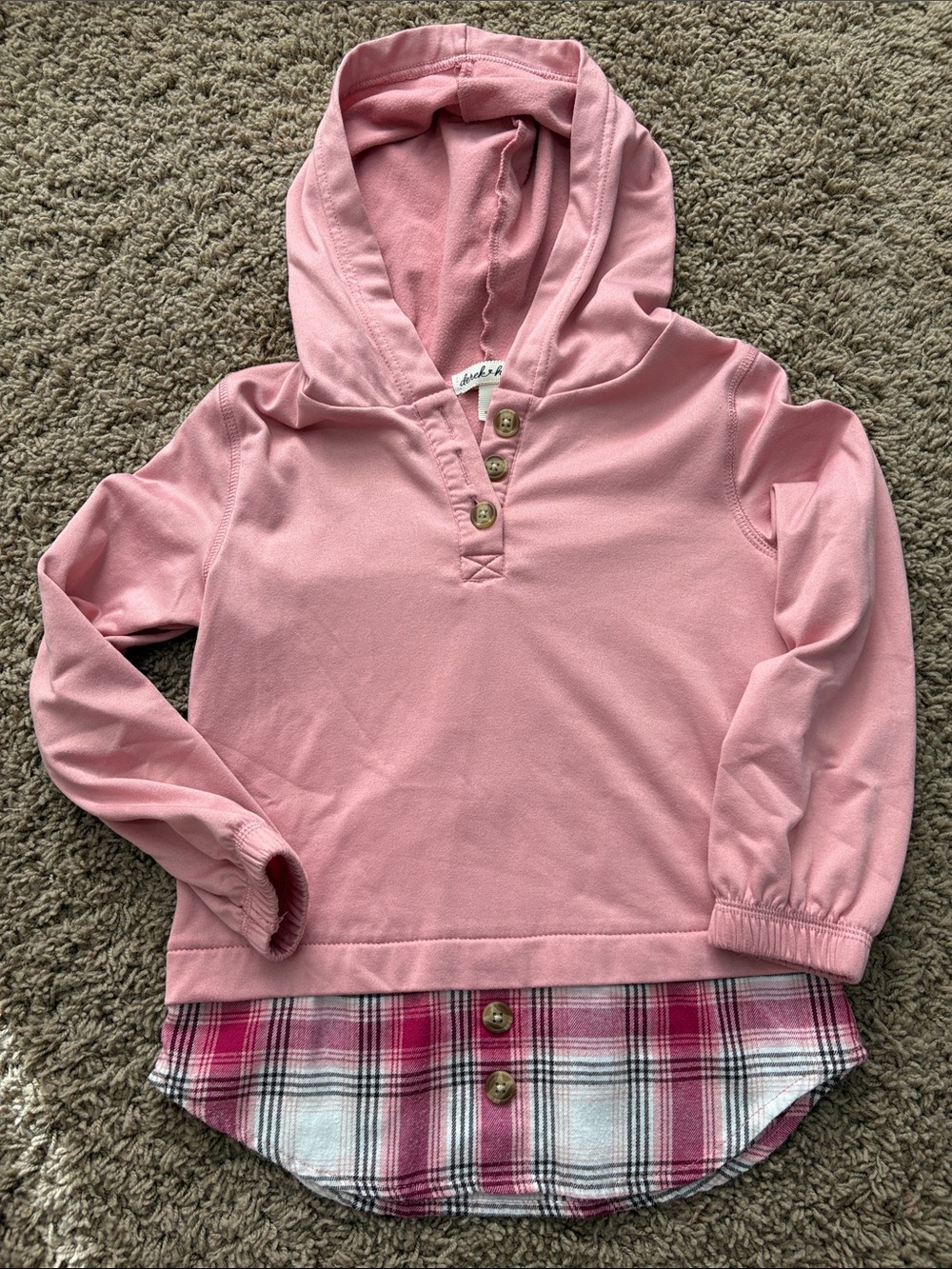 Derek Heart Pink Hooded Layered-Look Sweatshirt with Plaid Hem